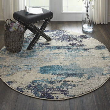 Celestial CES02 Modern Abstract Soft Durable Low Profile Short Pile Ivory/Teal Blue Round Rug-Nourison-Rug Love - The Most Loved Rug Store